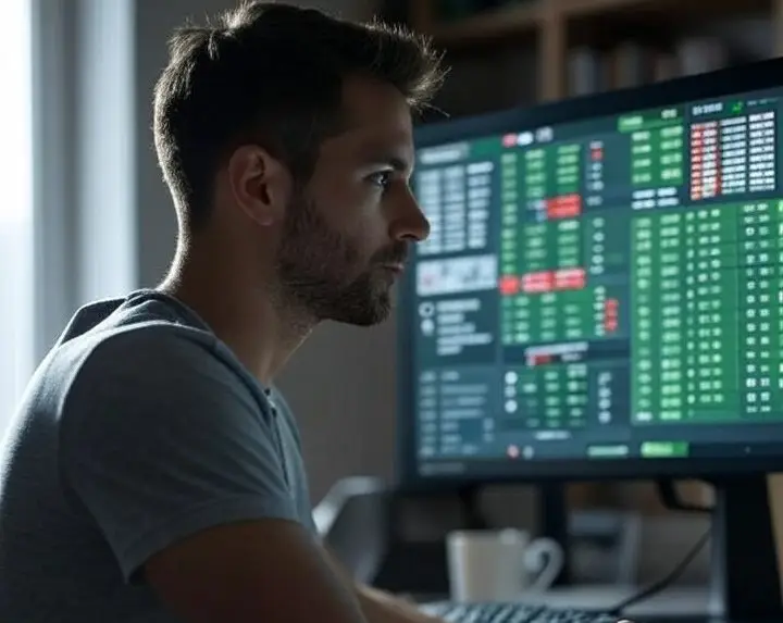 man betting on computer realizes he is stuck with a large sportsbook rollover