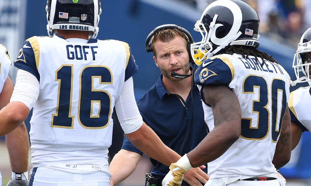 Sean McVay congratulations Jared Goff and Todd Gurley